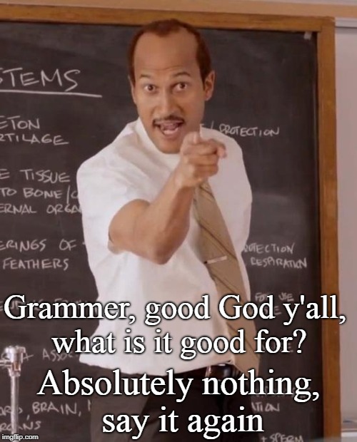 Grammar | Grammer, good God y'all, what is it good for? Absolutely nothing, say it again | image tagged in don't need no education,schoolin | made w/ Imgflip meme maker