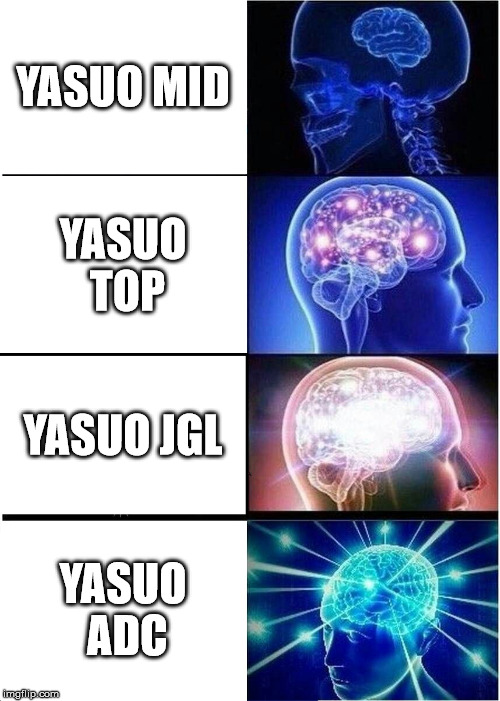 Expanding Brain Meme | YASUO MID; YASUO TOP; YASUO JGL; YASUO ADC | image tagged in memes,expanding brain,league of legends | made w/ Imgflip meme maker