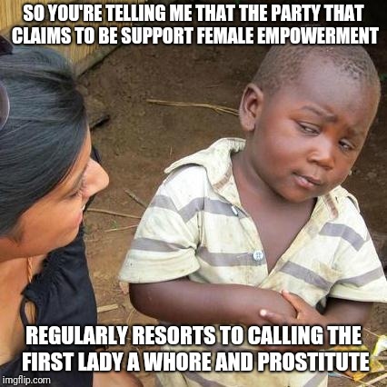 The left doesn't even seem to view Melania as a person. She is just a means to insult her husband. Now that's misogynistic. | SO YOU'RE TELLING ME THAT THE PARTY THAT CLAIMS TO BE SUPPORT FEMALE EMPOWERMENT; REGULARLY RESORTS TO CALLING THE FIRST LADY A WHORE AND PROSTITUTE | image tagged in memes,third world skeptical kid | made w/ Imgflip meme maker