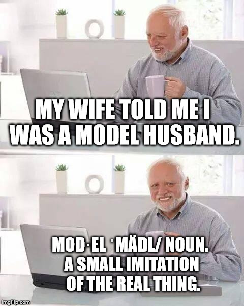 Hide the Pain Harold Meme | MY WIFE TOLD ME I WAS A MODEL HUSBAND. MOD·EL ˈMÄDL/ NOUN. 

A SMALL IMITATION    OF THE REAL THING. | image tagged in memes,hide the pain harold | made w/ Imgflip meme maker