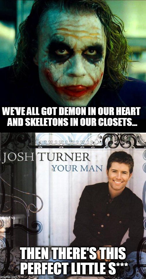 WE'VE ALL GOT DEMON IN OUR HEART AND SKELETONS IN OUR CLOSETS... THEN THERE'S THIS PERFECT LITTLE S*** | image tagged in memes,joker,josh turner,mr perfect | made w/ Imgflip meme maker