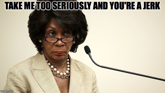 Maxine Waters Crazy | TAKE ME TOO SERIOUSLY AND YOU'RE A JERK | image tagged in maxine waters crazy | made w/ Imgflip meme maker