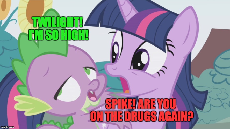 Another pause at the right moment! Thanks to Octavia_Melody for the picture! | TWILIGHT! I'M SO HIGH! SPIKE! ARE YOU ON THE DRUGS AGAIN? | image tagged in memes,my little pony,high,drugs,twilight sparkle,spike | made w/ Imgflip meme maker