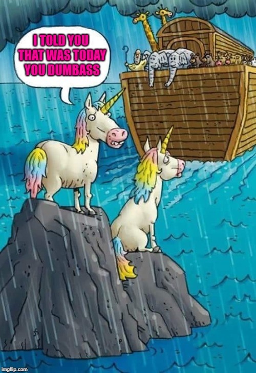 Now you know... |  I TOLD YOU THAT WAS TODAY YOU DUMBASS | image tagged in unicorns,memes,noah's ark,funny,left behind,extinction | made w/ Imgflip meme maker