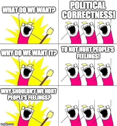 What Do We Want 3 Meme | WHAT DO WE WANT? POLITICAL CORRECTNESS! WHY DO WE WANT IT? TO NOT HURT PEOPLE'S FEELINGS! WHY SHOULDN'T WE HURT PEOPLE'S FEELINGS? | image tagged in memes,what do we want 3,sjws,snowflakes | made w/ Imgflip meme maker