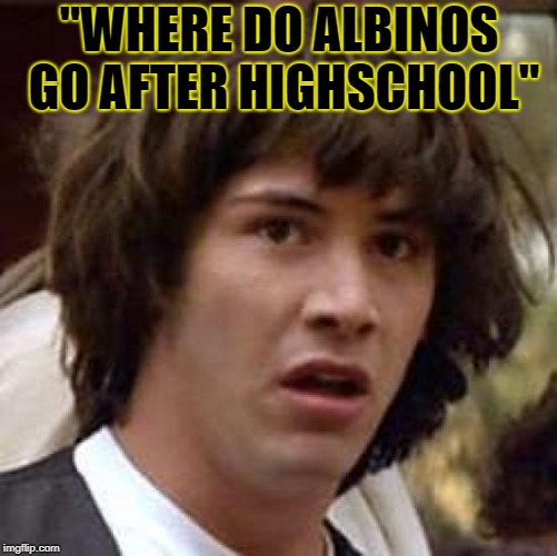 Conspiracy Keanu Meme | "WHERE DO ALBINOS GO AFTER HIGHSCHOOL" | image tagged in memes,conspiracy keanu | made w/ Imgflip meme maker