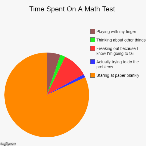 Time Spent On A Math Test | Staring at paper blankly, Actually trying to do the problems, Freaking out because I know I'm going to fail, Thi | image tagged in funny,pie charts,school,test,fail | made w/ Imgflip chart maker