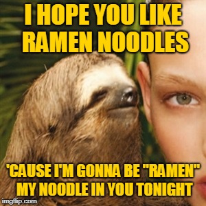 Somehow I don't think the Ramen noodle makers will include this meme concept in any of their advertising. | I HOPE YOU LIKE RAMEN NOODLES; 'CAUSE I'M GONNA BE "RAMEN" MY NOODLE IN YOU TONIGHT | image tagged in memes,whisper sloth,nsfw,dinner and a date,ramen,your place or mine | made w/ Imgflip meme maker
