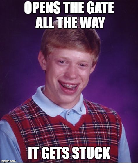 Bad Luck Brian Meme | OPENS THE GATE ALL THE WAY IT GETS STUCK | image tagged in memes,bad luck brian | made w/ Imgflip meme maker