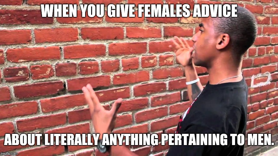 Talking to wall | WHEN YOU GIVE FEMALES ADVICE; ABOUT LITERALLY ANYTHING PERTAINING TO MEN. | image tagged in talking to wall | made w/ Imgflip meme maker