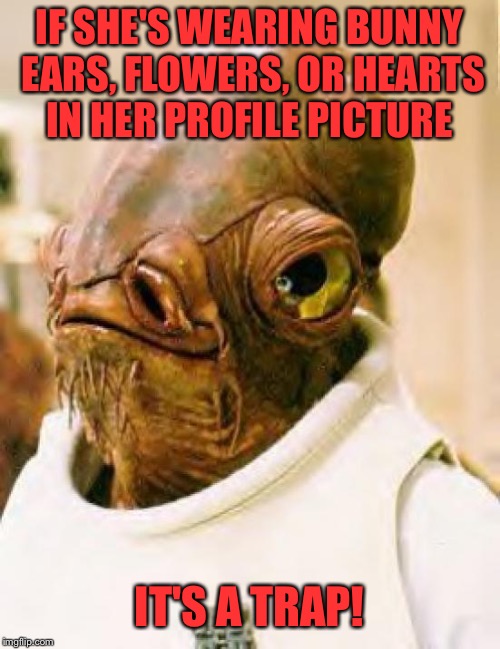NEVER trust a snap chat filter...they lie! | IF SHE'S WEARING BUNNY EARS, FLOWERS, OR HEARTS IN HER PROFILE PICTURE; IT'S A TRAP! | image tagged in it's a trap,filter,lynch1979,lol,memes,snapchat | made w/ Imgflip meme maker
