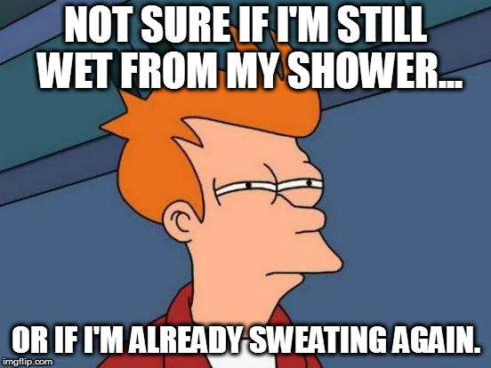 Futurama Fry Meme | NOT SURE IF I'M STILL WET FROM MY SHOWER... OR IF I'M ALREADY SWEATING AGAIN. | image tagged in memes,futurama fry | made w/ Imgflip meme maker