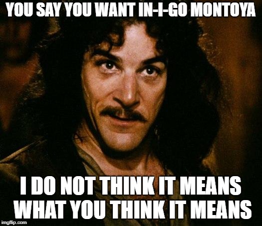 Inigo Montoya Meme | YOU SAY YOU WANT IN-I-GO MONTOYA; I DO NOT THINK IT MEANS WHAT YOU THINK IT MEANS | image tagged in memes,inigo montoya,i don't think it means what you think it means,funny memes,princess bride | made w/ Imgflip meme maker