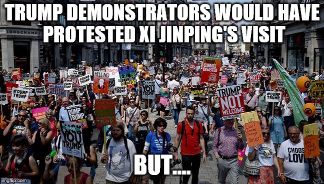 Putin wouldn't pay | TRUMP DEMONSTRATORS WOULD HAVE PROTESTED XI JINPING'S VISIT; BUT.... | image tagged in liberal hypocrisy,hypocrites,elitist,imbeciles,two faced,double standards | made w/ Imgflip meme maker