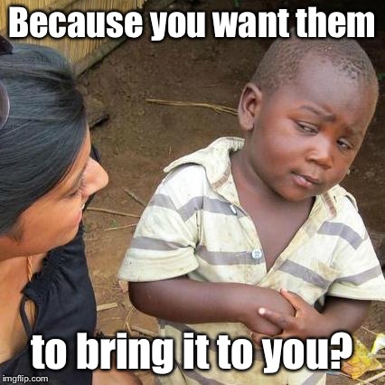 Third World Skeptical Kid Meme | Because you want them to bring it to you? | image tagged in memes,third world skeptical kid | made w/ Imgflip meme maker