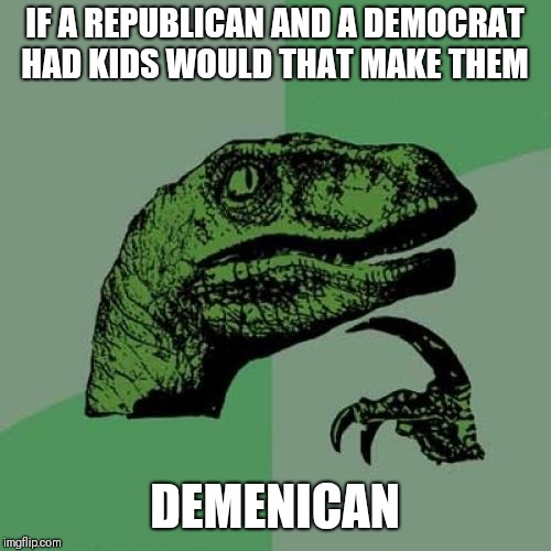 Philosoraptor Meme | IF A REPUBLICAN AND A DEMOCRAT HAD KIDS WOULD THAT MAKE THEM; DEMENICAN | image tagged in memes,philosoraptor | made w/ Imgflip meme maker