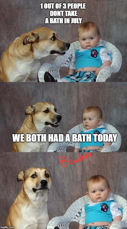 Dad Joke Dog Meme | 1 OUT OF 3 PEOPLE DONT TAKE A BATH IN JULY; WE BOTH HAD A BATH TODAY | image tagged in memes,dad joke dog | made w/ Imgflip meme maker