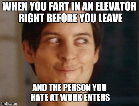 Spiderman Peter Parker Meme | WHEN YOU FART IN AN ELEVATOR RIGHT BEFORE YOU LEAVE; AND THE PERSON YOU HATE AT WORK ENTERS | image tagged in memes,spiderman peter parker | made w/ Imgflip meme maker