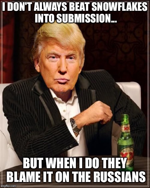 Blame Russia! | I DON'T ALWAYS BEAT SNOWFLAKES INTO SUBMISSION... BUT WHEN I DO THEY BLAME IT ON THE RUSSIANS | image tagged in trump most interesting man in the world | made w/ Imgflip meme maker