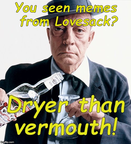 Buster vodka ad | You seen memes from Lovesack? Dryer than vermouth! | image tagged in buster vodka ad | made w/ Imgflip meme maker