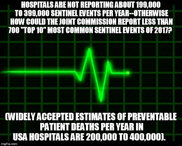 Preventable Patient Deaths Go Unreported By Hospitals | HOSPITALS ARE NOT REPORTING ABOUT 199,000 TO 399,000 SENTINEL EVENTS PER YEAR--OTHERWISE HOW COULD THE JOINT COMMISSION REPORT LESS THAN 700 "TOP 10" MOST COMMON SENTINEL EVENTS OF 2017? (WIDELY ACCEPTED ESTIMATES OF PREVENTABLE PATIENT DEATHS PER YEAR IN USA HOSPITALS ARE 200,000 TO 400,000). | image tagged in ufhealth ufhealthshands ufhealth shandshospital catkillers whatelsearetheyhiding preventablepatientdeaths sentinelevents | made w/ Imgflip meme maker