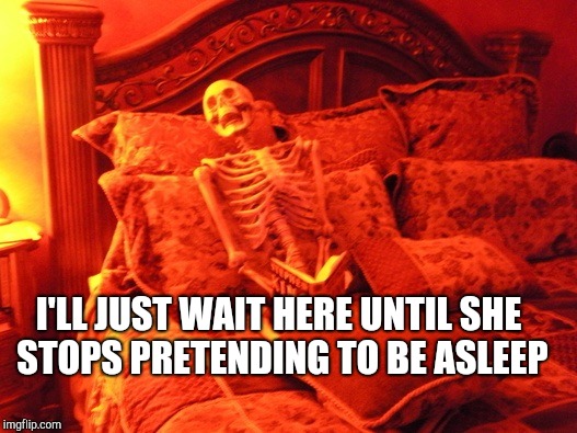 Skeleton in bed  | I'LL JUST WAIT HERE UNTIL SHE STOPS PRETENDING TO BE ASLEEP | image tagged in skeleton in bed | made w/ Imgflip meme maker