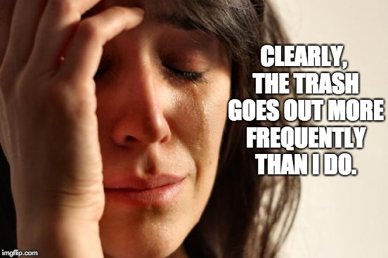 First World Problems Meme | CLEARLY, THE TRASH GOES OUT MORE FREQUENTLY THAN I DO. | image tagged in memes,first world problems | made w/ Imgflip meme maker