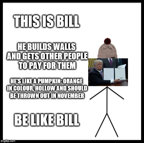 Please don't be like bill | THIS IS BILL; HE BUILDS WALLS AND GETS OTHER PEOPLE TO PAY FOR THEM; HE'S LIKE A PUMPKIN: ORANGE IN COLOUR, HOLLOW AND SHOULD BE THROWN OUT IN NOVEMBER; BE LIKE BILL | image tagged in memes,be like bill | made w/ Imgflip meme maker
