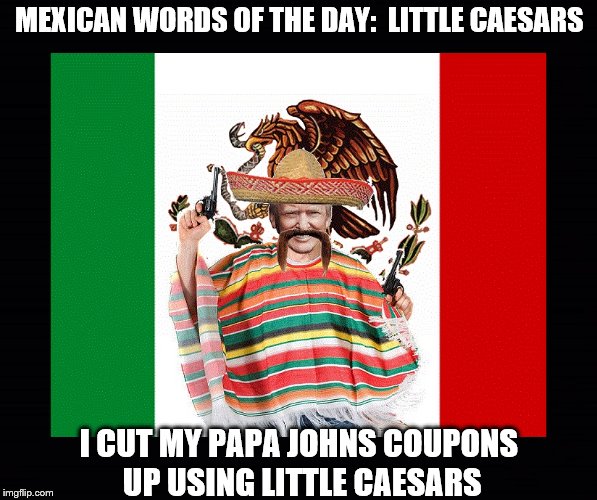 Trumps Mexican Words | MEXICAN WORDS OF THE DAY:  LITTLE CAESARS; I CUT MY PAPA JOHNS COUPONS UP USING LITTLE CAESARS | image tagged in trump,mexican word of the day,papa johns,little caesars | made w/ Imgflip meme maker