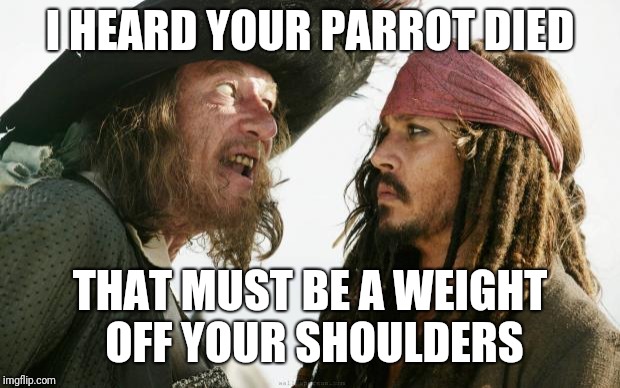 Parrot Joke | I HEARD YOUR PARROT DIED; THAT MUST BE A WEIGHT OFF YOUR SHOULDERS | image tagged in pirates,parrot,joke,bad joke,meme | made w/ Imgflip meme maker