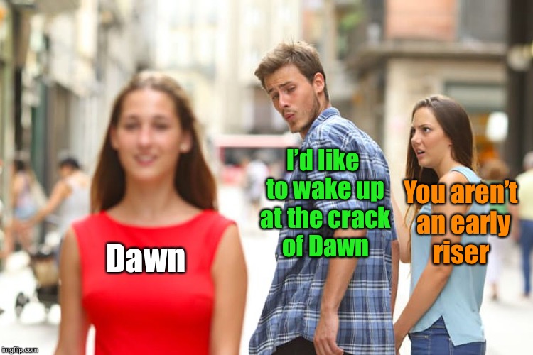 Distracted Boyfriend | I’d like to wake up at the crack of Dawn; You aren’t an early riser; Dawn | image tagged in memes,distracted boyfriend | made w/ Imgflip meme maker