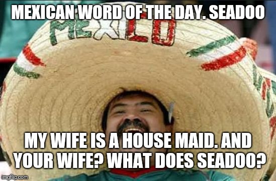 mexican word of the day | MEXICAN WORD OF THE DAY. SEADOO; MY WIFE IS A HOUSE MAID. AND YOUR WIFE? WHAT DOES SEADOO? | image tagged in mexican word of the day | made w/ Imgflip meme maker