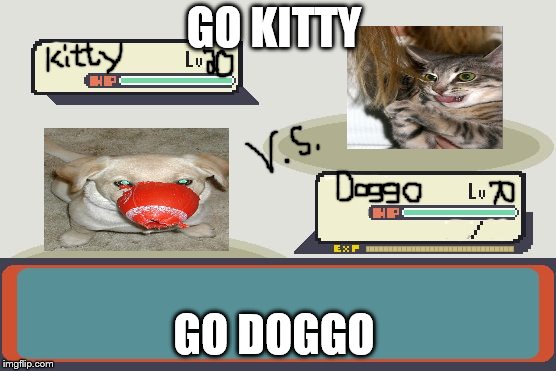 Sunday Pokeyman meme day :) | GO KITTY; GO DOGGO | image tagged in pokemon battle | made w/ Imgflip meme maker