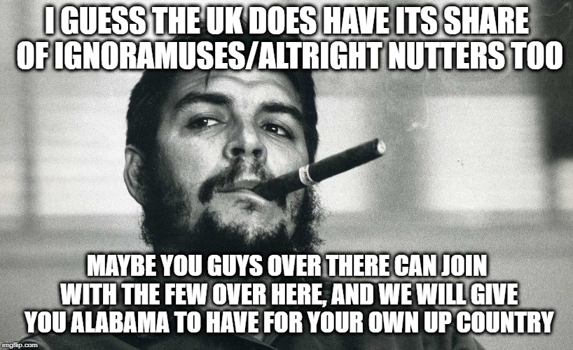 Che | I GUESS THE UK DOES HAVE ITS SHARE OF IGNORAMUSES/ALTRIGHT NUTTERS TOO MAYBE YOU GUYS OVER THERE CAN JOIN WITH THE FEW OVER HERE, AND WE WIL | image tagged in che | made w/ Imgflip meme maker