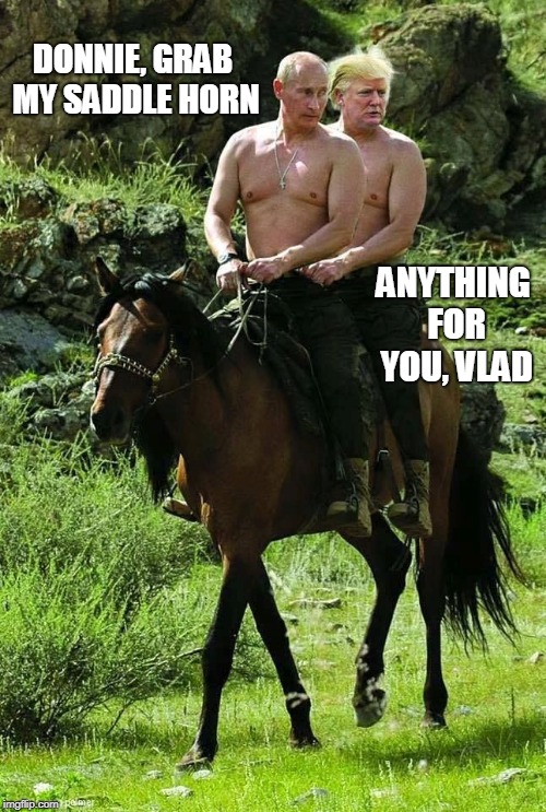 Trump Putin | DONNIE, GRAB MY SADDLE HORN; ANYTHING FOR YOU, VLAD | image tagged in trump putin | made w/ Imgflip meme maker