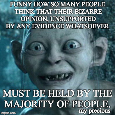 My Precious Opinion | FUNNY HOW SO MANY PEOPLE THINK THAT THEIR BIZARRE OPINION, UNSUPPORTED BY ANY EVIDENCE WHATSOEVER; MUST BE HELD BY THE MAJORITY OF PEOPLE. my precious | image tagged in gollum,madness,my precious | made w/ Imgflip meme maker