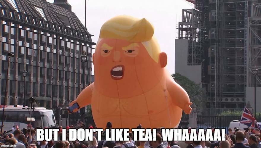 BUT I DON'T LIKE TEA!  WHAAAAA! | image tagged in trump blimp,crying trump baby | made w/ Imgflip meme maker