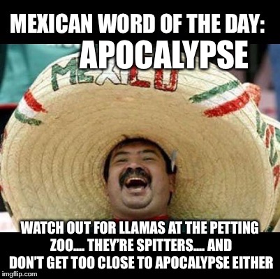 Mexican Word of the Day (LARGE) | APOCALYPSE; WATCH OUT FOR LLAMAS AT THE PETTING ZOO.... THEY’RE SPITTERS.... AND DON’T GET TOO CLOSE TO APOCALYPSE EITHER | image tagged in mexican word of the day large | made w/ Imgflip meme maker