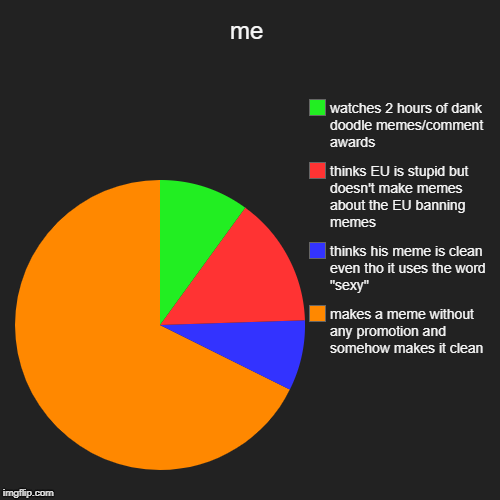 me | makes a meme without any promotion and somehow makes it clean, thinks his meme is clean even tho it uses the word "sexy", thinks EU is  | image tagged in funny,pie charts | made w/ Imgflip chart maker