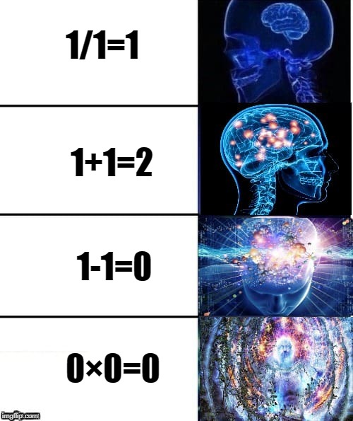 1/1=1; 1+1=2; 1-1=0; 0×0=0 | image tagged in memes,expanding brain | made w/ Imgflip meme maker