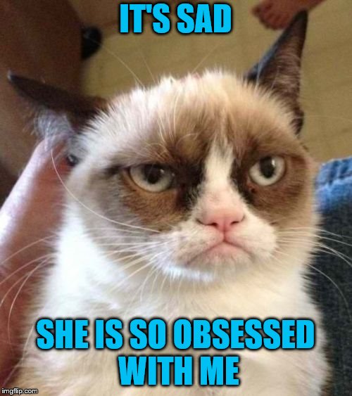 Grumpy Cat Reverse Meme | IT'S SAD SHE IS SO OBSESSED WITH ME | image tagged in memes,grumpy cat reverse,grumpy cat | made w/ Imgflip meme maker