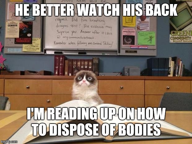 Grumpy cat studying | HE BETTER WATCH HIS BACK I'M READING UP ON HOW TO DISPOSE OF BODIES | image tagged in grumpy cat studying | made w/ Imgflip meme maker