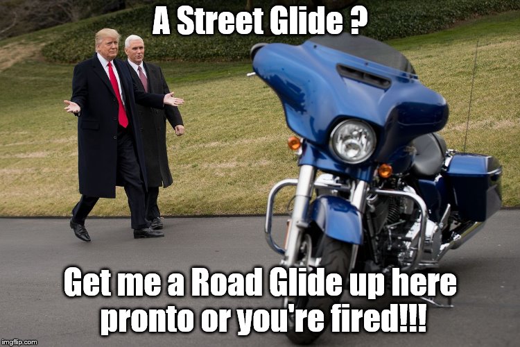 A Street Glide ? Get me a Road Glide up here pronto or you're fired!!! | image tagged in trump biker | made w/ Imgflip meme maker