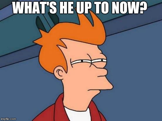 Futurama Fry | WHAT'S HE UP TO NOW? | image tagged in futurama fry,what's he up to now | made w/ Imgflip meme maker