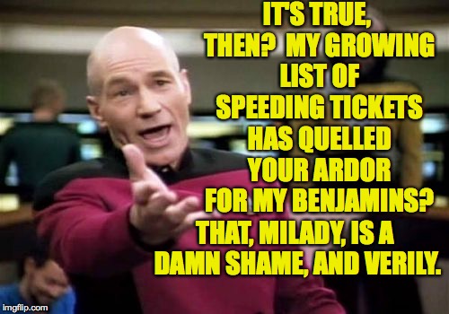 Picard Wtf Meme | IT'S TRUE, THEN?  MY GROWING LIST OF SPEEDING TICKETS HAS QUELLED YOUR ARDOR FOR MY BENJAMINS? THAT, MILADY, IS A DAMN SHAME, AND VERILY. | image tagged in memes,picard wtf | made w/ Imgflip meme maker