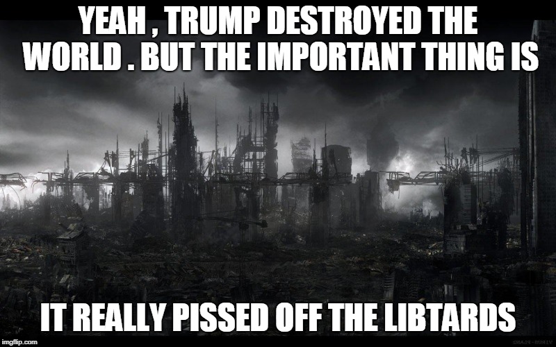 YEAH , TRUMP DESTROYED THE WORLD . BUT THE IMPORTANT THING IS; IT REALLY PISSED OFF THE LIBTARDS | image tagged in trump | made w/ Imgflip meme maker