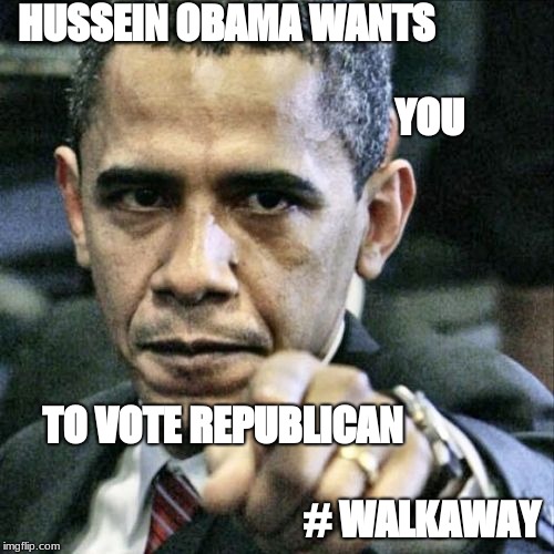 Pissed Off Obama |  HUSSEIN OBAMA WANTS                                                                                         YOU; TO VOTE REPUBLICAN                                                                                             # WALKAWAY | image tagged in memes,pissed off obama | made w/ Imgflip meme maker