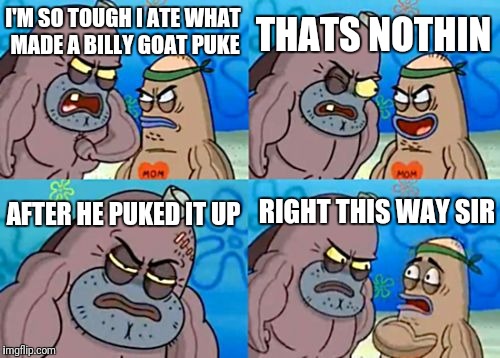 How Tough Are You Meme | THATS NOTHIN; I'M SO TOUGH I ATE WHAT MADE A BILLY GOAT PUKE; RIGHT THIS WAY SIR; AFTER HE PUKED IT UP | image tagged in memes,how tough are you | made w/ Imgflip meme maker