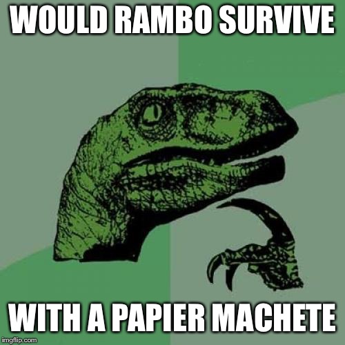 Philosoraptor Meme | WOULD RAMBO SURVIVE; WITH A PAPIER MACHETE | image tagged in memes,philosoraptor | made w/ Imgflip meme maker