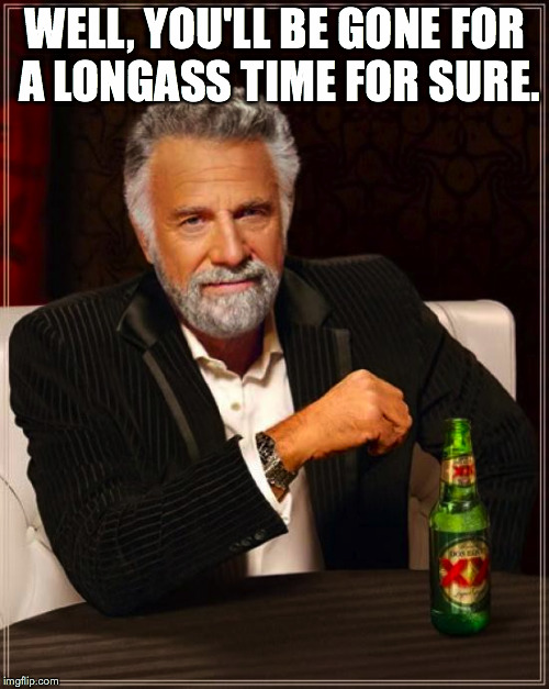 The Most Interesting Man In The World Meme | WELL, YOU'LL BE GONE FOR A LONGASS TIME FOR SURE. | image tagged in memes,the most interesting man in the world | made w/ Imgflip meme maker